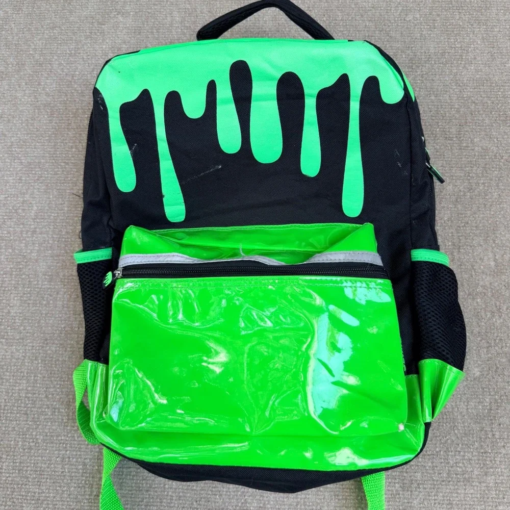 Nickelodeon Slime Backpack Neon Green Drip Black School Bag Vinyl Pocket